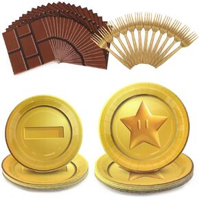 96 Pieces Super Brother Birthday Party Decorations, Golden Party Tableware Set Including Plates, Napkins, Forks Serves 24 for Baby Shower Video Game Party Supplies