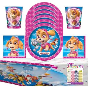 Paw Patrol Skye & Everest Girl Birthday Party Supplies Pack Serves 16: Paw Patrol Party Supplies Dessert Plates Beverage Napkins Cups & Table Cover with Birthday Candles, Pink