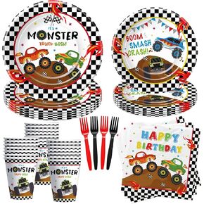 Monster Truck Birthday Decorations For Kids - Monster Truck Party Decorations Tableware, Paper Plate, Cup, Napkin, Disposable Fork, Monster Truck Birthday Party Supplies Dinnerware | Serve 24