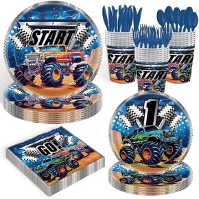 140Pcs Monster Truck Party Supplies Truck Tableware Set Buggy Theme Birthday Party Decorations Paper Plates and Napkins Baby Shower Party Truck Dinner Plates, Serve for for 20 Guests