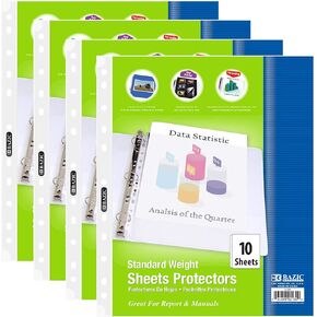 BAZIC Sheet Protectors Standard Weight, Fit 8.5x11 Inch Paper, 11 Hole Clear Plastic Sleeves Ring Binder Sheets, Archival Safe (10/Pack), 1-Pack