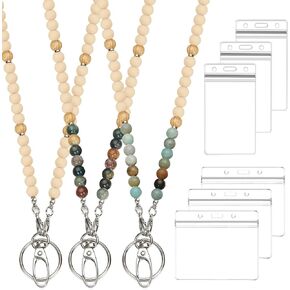 3 Sets Teacher Lanyard with ID Holder Lanyards for ID Badges Teacher Wooden Beaded Lanyard for ID Card Badges Boho Badge Lanyard for Women Cute Keychain Lanyard Gifts for Office School Family