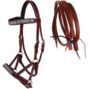 Horse Western Black Leather Beaded Bitless Padded Sidepull Bridle Reins 77RS20