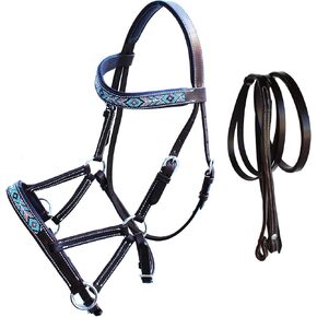 Horse Western Black Leather Beaded Bitless Padded Sidepull Bridle Reins 77RS20