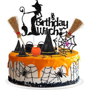 13 Pieces Birthday Witch Cake Topper, Halloween Theme Birthday Party Decoration, Scary Spider Web Witch Bucket Broom Spiders Cake Decorations for Girl Women