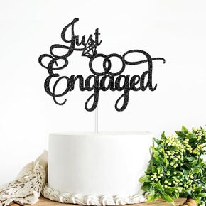 Just Engaged Cake Topper for Engagement Party Decorations | Engaged Ring Sign Cake Decor Black Glitter | We're Engaged Cake Toppers