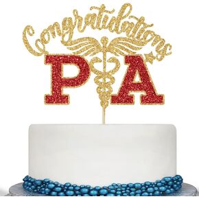 Congratulations PA Cake Topper - PA Graduation Decorations 2025 - Congrats Nurse/Doctor, Nursing/Medical School Graduation Party Decorations, Gold and Red Glitter