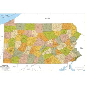 Pennsylvania ZIP Code Map with Counties - Large - 48" x 32.75" Laminated