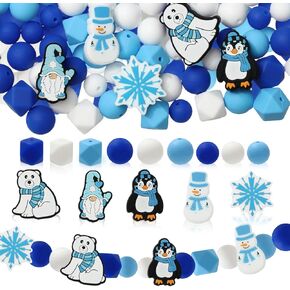 JarThenaAMCS 92Pcs Winter Christmas Silicone Beads with Elastic Rope Blue Snowflake Snowman Gnome Round Hexagon Loose Rubber Beads for DIY Crafts Jewelry Keychain Making