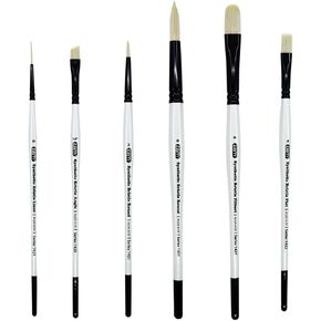 ZEM Brush White Hog Bristle Synthetic Combo Rounds, Flat, Filbert, Angle, Liner Artist Brush Set 6 pcs | Acrylic and Oil