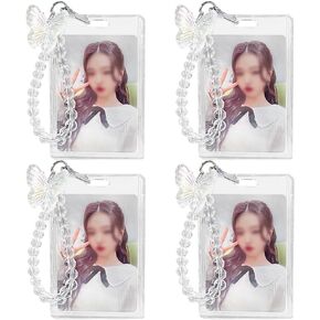 4pcs Acrylic Kpop Photocard Holders with Beaded Bracelet Student Card Holder Work Card Holder ID Card Holder Credit Card Holder Bus Decorative Photo Holder for Kpop Fans