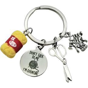 Kit's Kiss Knitting Keychain Knitter Gift Sweater Scissors Yarn Resin Charm Quilter Crafter Crochet Knitting Needles Keyring Crocheting Key Ring, Silver, Yellow and Red, Dia of Key Ring : 1.2 inch