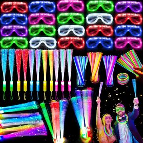 280 PCS Glow in the Dark Party Supplies New Years Eve Party Favors, 20 Glow Fiber Wands Sticks, 20 Led Glasses,120 Glow Sticks and 120 Connectors, Neon Glow Party Favors for New Years Birthday Wedding