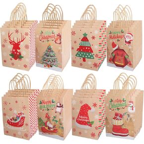 Avxzbef 32 PCS Christmas Gift Bags Xmas Kraft Bags Bulk with 8 Styles for Gifts Christmas Party Decorations Holiday Party Supplies 8x6x3 Inches