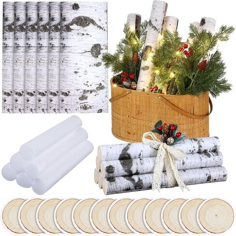 24 قطعة عيد الميلاد DIY الزخرفية سجلات البتولا البيضاء مجموعة 6 رغوة المعكرونة تجمع 1.97 × 15.75 بوصة و 18 ملصقات DIY فو سجلات البتولا لتزيين الموقد الحطب عيد الميلاد DIY الحرفية ديكور الشتاء in Kuwait