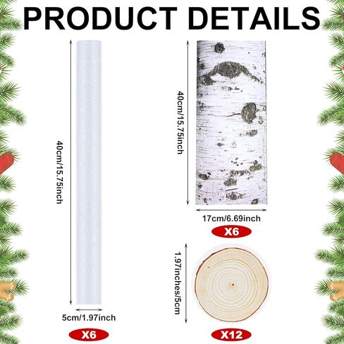 24 قطعة عيد الميلاد DIY الزخرفية سجلات البتولا البيضاء مجموعة 6 رغوة المعكرونة تجمع 1.97 × 15.75 بوصة و 18 ملصقات DIY فو سجلات البتولا لتزيين الموقد الحطب عيد الميلاد DIY الحرفية ديكور الشتاء in Kuwait