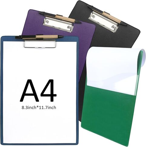 Pen Holder Clipboards, Bulk Clip Board Colored Clip Boards with Low Profile A4 Clipboard with Pocket for Office School Supplies, 4-Pack (Pen Included) (Multiple Color, 4) in Saudi Arabia