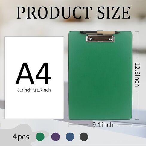 لوحات حامل أقلام، لوحات مشبك ملونة كبيرة الحجم مع حافظة منخفضة الحجم مقاس A4 مع جيب للوازم المدرسية المكتبية، 4 عبوات (يتضمن القلم) (ألوان متعددة، 4) in Kuwait