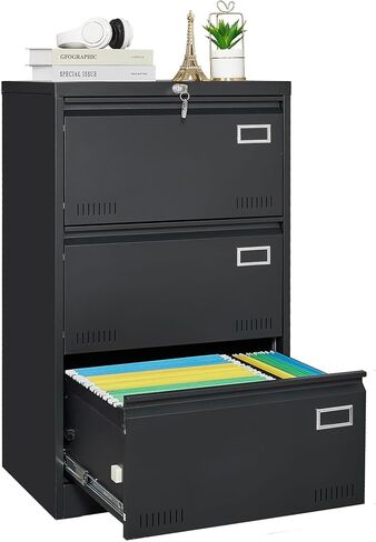 CuisinSmart Lateral File Cabinet 3 Drawer File Cabinet with Lock and Card Holder, Metal Steel Lockable Drawer File Cabinets Under Desk for Home Office Legal/Letter/F4/A4 Black in Kuwait