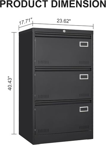 CuisinSmart Lateral File Cabinet 3 Drawer File Cabinet with Lock and Card Holder, Metal Steel Lockable Drawer File Cabinets Under Desk for Home Office Legal/Letter/F4/A4 Black in Kuwait