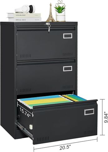 CuisinSmart Lateral File Cabinet 3 Drawer File Cabinet with Lock and Card Holder, Metal Steel Lockable Drawer File Cabinets Under Desk for Home Office Legal/Letter/F4/A4 Black in Kuwait