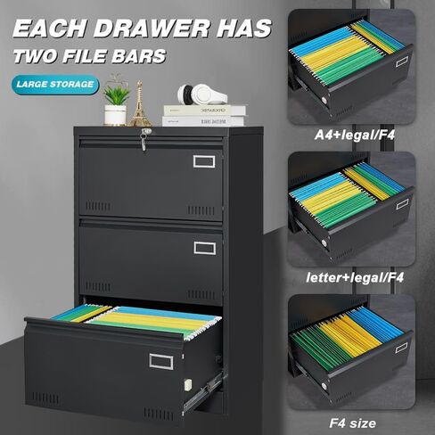 CuisinSmart Lateral File Cabinet 3 Drawer File Cabinet with Lock and Card Holder, Metal Steel Lockable Drawer File Cabinets Under Desk for Home Office Legal/Letter/F4/A4 Black in Kuwait