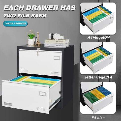 CuisinSmart Lateral File Cabinet 3 Drawer File Cabinet with Lock and Card Holder, Metal Steel Lockable Drawer File Cabinets Under Desk for Home Office Legal/Letter/F4/A4 Black in Kuwait