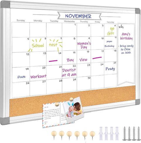 Upgraded Monthly Calendar Dry Erase White Board & Cork Bulletin Board，13" x 17" Aluminum Frame，Magnetic Surface Whiteboard.Perfect for Organizing Your Space.Whiteboard+Cork-LK3343A in Kuwait