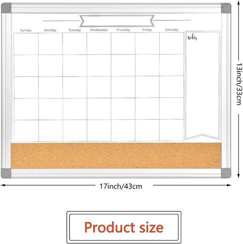 Upgraded Monthly Calendar Dry Erase White Board & Cork Bulletin Board，13" x 17" Aluminum Frame，Magnetic Surface Whiteboard.Perfect for Organizing Your Space.Whiteboard+Cork-LK3343A in Kuwait