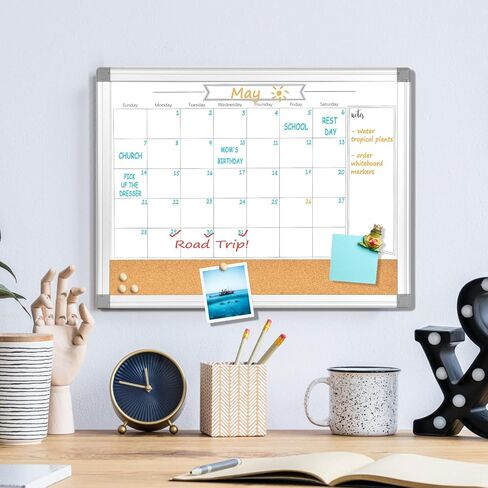 Upgraded Monthly Calendar Dry Erase White Board & Cork Bulletin Board，13" x 17" Aluminum Frame，Magnetic Surface Whiteboard.Perfect for Organizing Your Space.Whiteboard+Cork-LK3343A in Kuwait