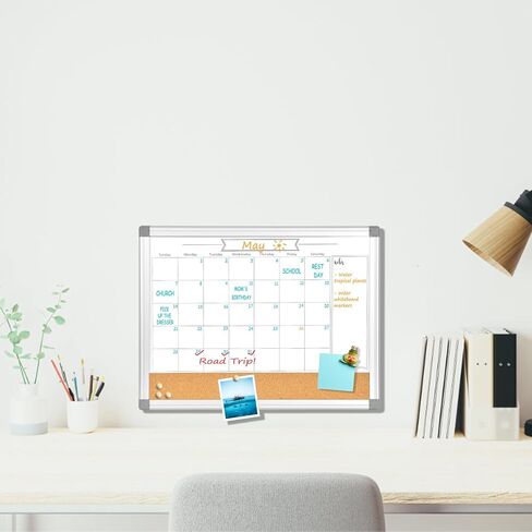 Upgraded Monthly Calendar Dry Erase White Board & Cork Bulletin Board，13" x 17" Aluminum Frame，Magnetic Surface Whiteboard.Perfect for Organizing Your Space.Whiteboard+Cork-LK3343A in Kuwait