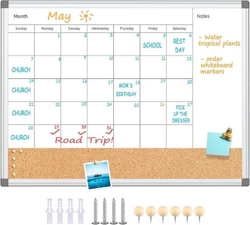 Upgraded Monthly Calendar Dry Erase White Board & Cork Bulletin Board，13" x 17" Aluminum Frame，Magnetic Surface Whiteboard.Perfect for Organizing Your Space.Whiteboard+Cork-LK3343A in Kuwait
