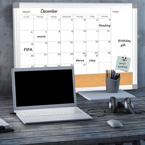 Upgraded Monthly Calendar Dry Erase White Board & Cork Bulletin Board，13" x 17" Aluminum Frame，Magnetic Surface Whiteboard.Perfect for Organizing Your Space.Whiteboard+Cork-LK3343A in Kuwait