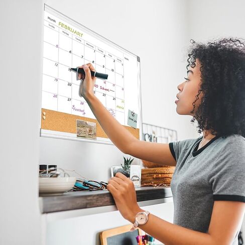 Upgraded Monthly Calendar Dry Erase White Board & Cork Bulletin Board，13" x 17" Aluminum Frame，Magnetic Surface Whiteboard.Perfect for Organizing Your Space.Whiteboard+Cork-LK3343A in Kuwait