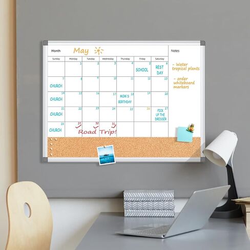 Upgraded Monthly Calendar Dry Erase White Board & Cork Bulletin Board，13" x 17" Aluminum Frame，Magnetic Surface Whiteboard.Perfect for Organizing Your Space.Whiteboard+Cork-LK3343A in Kuwait
