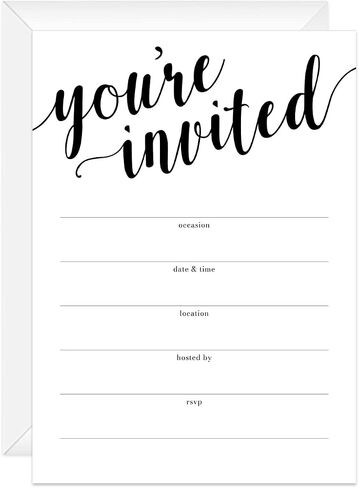 Canopy Street Black And White All Occasion Script Invitations / 25 Fill In General Use Invites / 5" x 7" Flat Modern Shower Party Or Event Invitation/Made In The USA in Kuwait