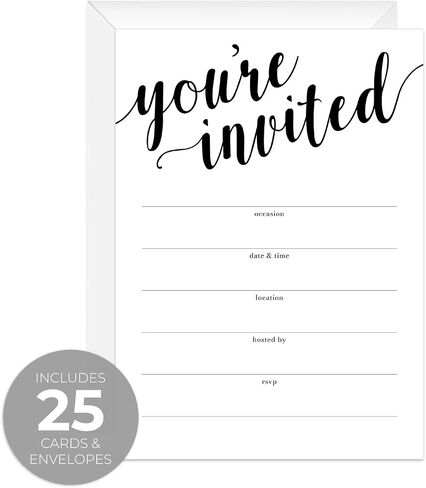 Canopy Street Black And White All Occasion Script Invitations / 25 Fill In General Use Invites / 5" x 7" Flat Modern Shower Party Or Event Invitation/Made In The USA in Kuwait