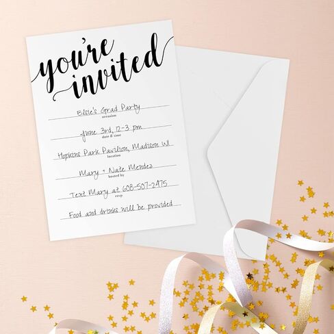 Canopy Street Black And White All Occasion Script Invitations / 25 Fill In General Use Invites / 5" x 7" Flat Modern Shower Party Or Event Invitation/Made In The USA in Kuwait
