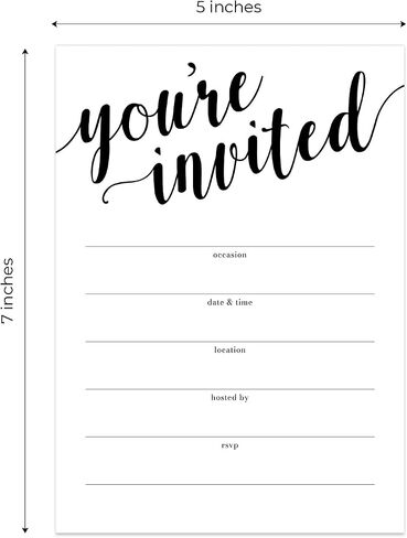 Canopy Street Black And White All Occasion Script Invitations / 25 Fill In General Use Invites / 5" x 7" Flat Modern Shower Party Or Event Invitation/Made In The USA in Kuwait