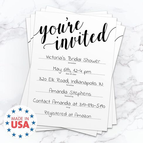 Canopy Street Black And White All Occasion Script Invitations / 25 Fill In General Use Invites / 5" x 7" Flat Modern Shower Party Or Event Invitation/Made In The USA in Kuwait