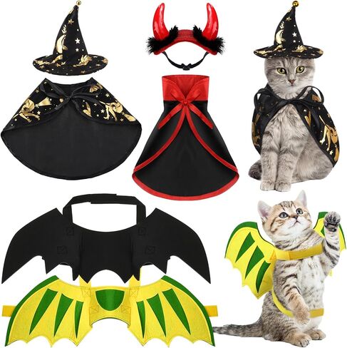 Reginary 6 Pieces Halloween Cat Pet Costume Dogs Kitten Outfits Witch Devil Vampire Bat Cloak Wings Dragon Wing Devil Hat Clothes Kitten Small Puppy Outfit for Halloween Party Pet Cosplay (Witch) in Saudi Arabia