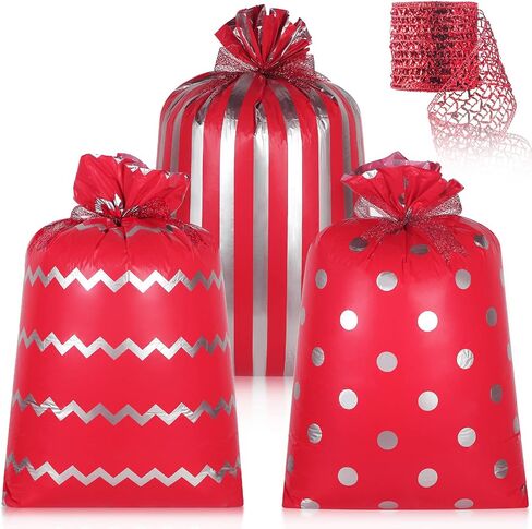 Geosar 3 Pieces 56 x 36 Inches Christmas Large Jumbo Plastic Gift Present Bag with Ribbon Chevron Round Dot and Stripe Wrapping Bags for Christmas Parties Holiday Parties and Birthdays Weddings (Red) in Saudi Arabia