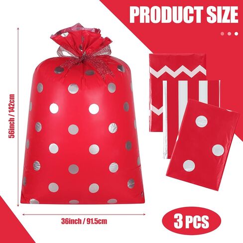 Geosar 3 Pieces 56 x 36 Inches Christmas Large Jumbo Plastic Gift Present Bag with Ribbon Chevron Round Dot and Stripe Wrapping Bags for Christmas Parties Holiday Parties and Birthdays Weddings (Red) in Saudi Arabia