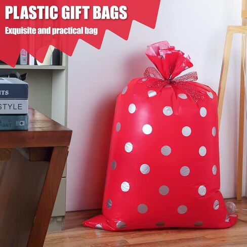 Geosar 3 Pieces 56 x 36 Inches Christmas Large Jumbo Plastic Gift Present Bag with Ribbon Chevron Round Dot and Stripe Wrapping Bags for Christmas Parties Holiday Parties and Birthdays Weddings (Red) in Saudi Arabia