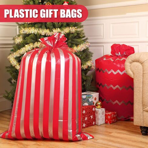 Geosar 3 Pieces 56 x 36 Inches Christmas Large Jumbo Plastic Gift Present Bag with Ribbon Chevron Round Dot and Stripe Wrapping Bags for Christmas Parties Holiday Parties and Birthdays Weddings (Red) in Saudi Arabia