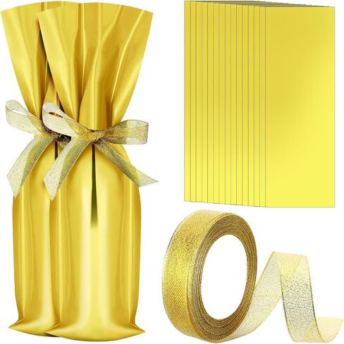 Yeaqee 50 Pcs Christmas Wine Bottle Gift Bags with Gold Bow Ribbons Metallic Wine Bags Gift Wrap for Wine Holiday Party Favor Bags, 18 x 6 Inch (Gold) in Saudi Arabia