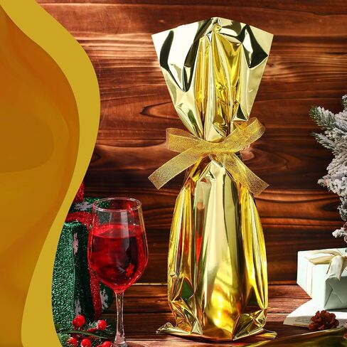 Yeaqee 50 Pcs Christmas Wine Bottle Gift Bags with Gold Bow Ribbons Metallic Wine Bags Gift Wrap for Wine Holiday Party Favor Bags, 18 x 6 Inch (Gold) in Saudi Arabia