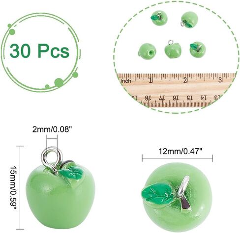 CHGCRAFT 30Pcs Green Apple Fruit Charms Resin Fruit Pendants 3D Dangle Pendant Ornaments with Hanging Loops for Earring Bracelet Necklace Keychain, 15x12mm in Saudi Arabia