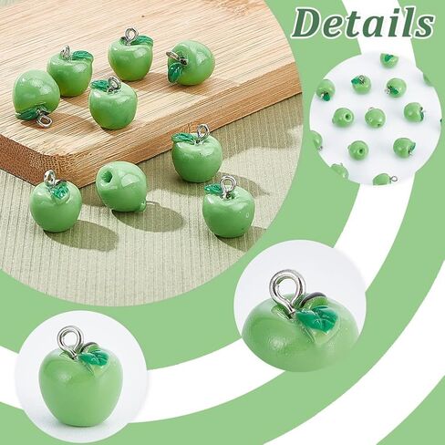 CHGCRAFT 30Pcs Green Apple Fruit Charms Resin Fruit Pendants 3D Dangle Pendant Ornaments with Hanging Loops for Earring Bracelet Necklace Keychain, 15x12mm in Saudi Arabia