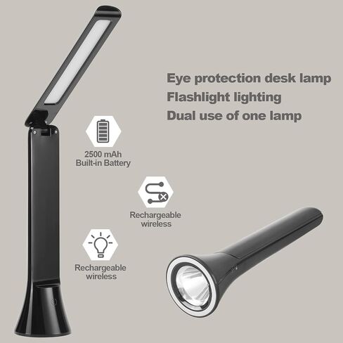 Rechargeable Desk Lamp, Foldable Portable Battery Operated Desk Lamp for Home Office, 2500mAh Cordless LED Desk Lamp with Flashlight Function, Eye Protection Study Lamp (Black) in Saudi Arabia